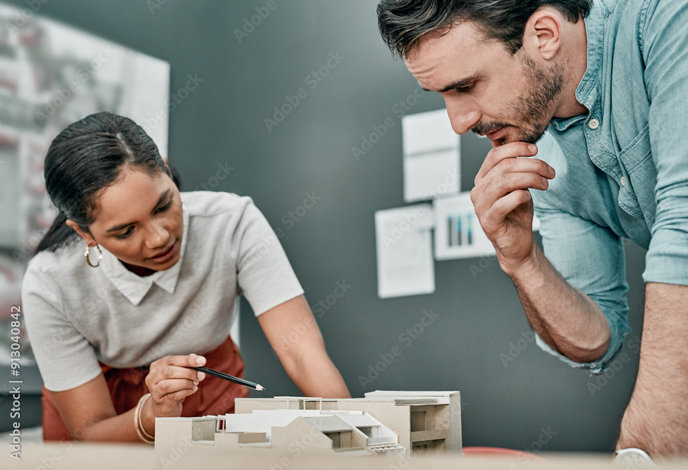 Poster Architecture, building and people with 3d model in office for development, idea or design planning. Architect, thinking and discussion with prototype of property for infrastructure, project or review