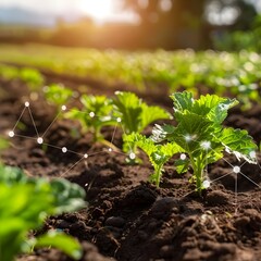 A close-up view of young lettuce plants in a field with digital overlay points showing data connections, symbolizing the use of technology in precision agriculture.