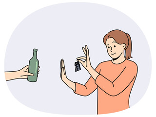 Woman driver refuses alcohol and holds car keys standing near human hand with bottle of beer. Concept of sobriety and awareness of driver who does not want to drive after drinking alcohol