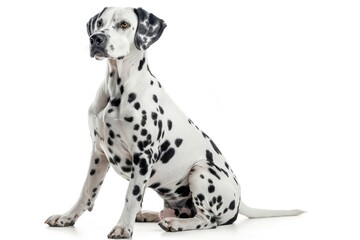 Beautiful dog, dalmatian full length, sitting on white isolated background