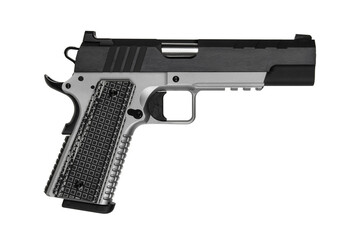 Modern semi-automatic pistol isolate on a white background. Armament for the army and police. Short-barreled weapon