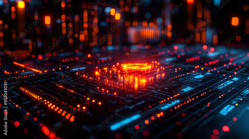 Poster futuristic big data visualization with glowing circuitry and digital interface in dark ambient setti