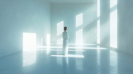 Obraz premium a cinematic scene of a back woman in a empty and all white room of a house, clean, simple and white walls, warm lut