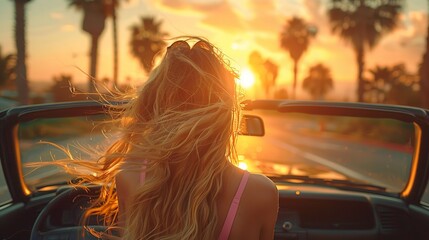 A woman with her hair blowing in the wind drives down Sunset Boulevard, surrounded by palm trees in Los Angeles.