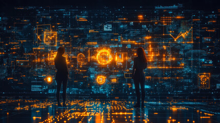 Futuristic Project Management Team Using Integrated Software Suite with Data Visualization Dashboard at Night
