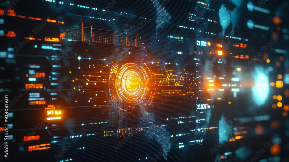 Poster futuristic big data visualization abstract digital interface with global analytics charts at night