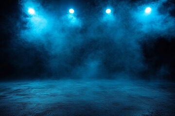 A dark street scene features an abstract dark blue background with a textured asphalt surface. Neon lights and spotlights cast dramatic glows, creating a moody atmosphere