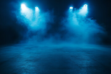 Naklejka premium A dark street scene features an abstract dark blue background with a textured asphalt surface. Neon lights and spotlights cast dramatic glows, creating a moody atmosphere