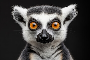 Naklejka premium A portrait of a Lemur Catta showcases its distinctive features: large, expressive eyes and a bushy ringed tail