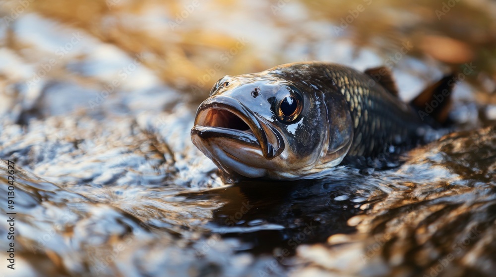 Poster a freshwater fish is partially submerged in a stream, displaying its scales and facial features as s