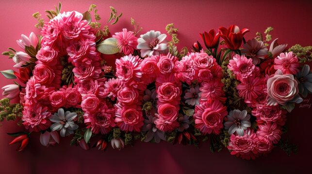 Vibrant floral arrangement in the shape of the name 'Amy' on a vivid pink background, featuring various shades of pink and red flowers.