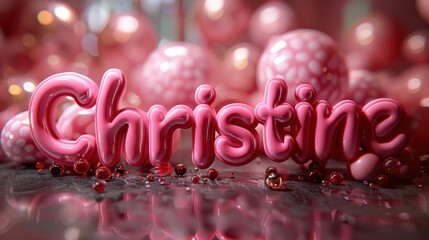 Personalized pink balloon-themed decoration spelling 'Christine' surrounded by festive, celebratory elements.