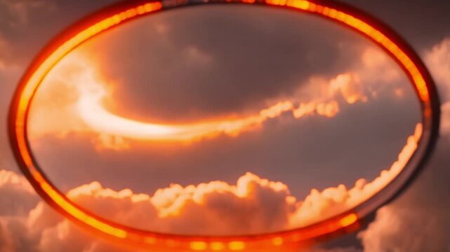 Futuristic neon circles in the sky burning in stunning red.