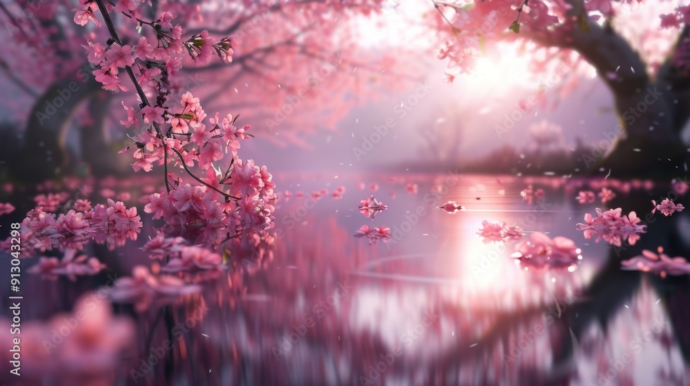 Poster pink blossoms and a tranquil pond