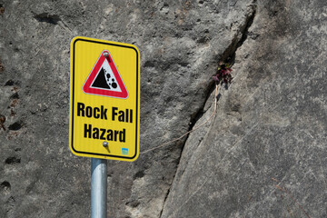 Rock fall hazard danger sign post