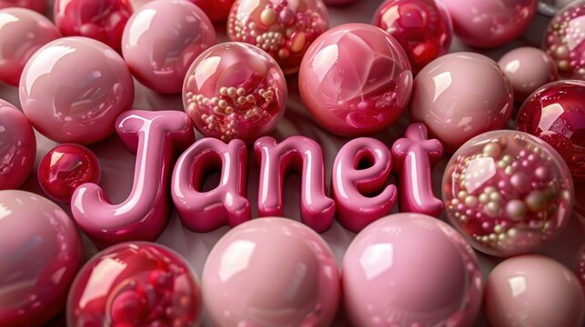 Playful 3D rendering of the name 'Janet' surrounded by pink and red glossy spheres, creating a cheerful and vibrant atmosphere.