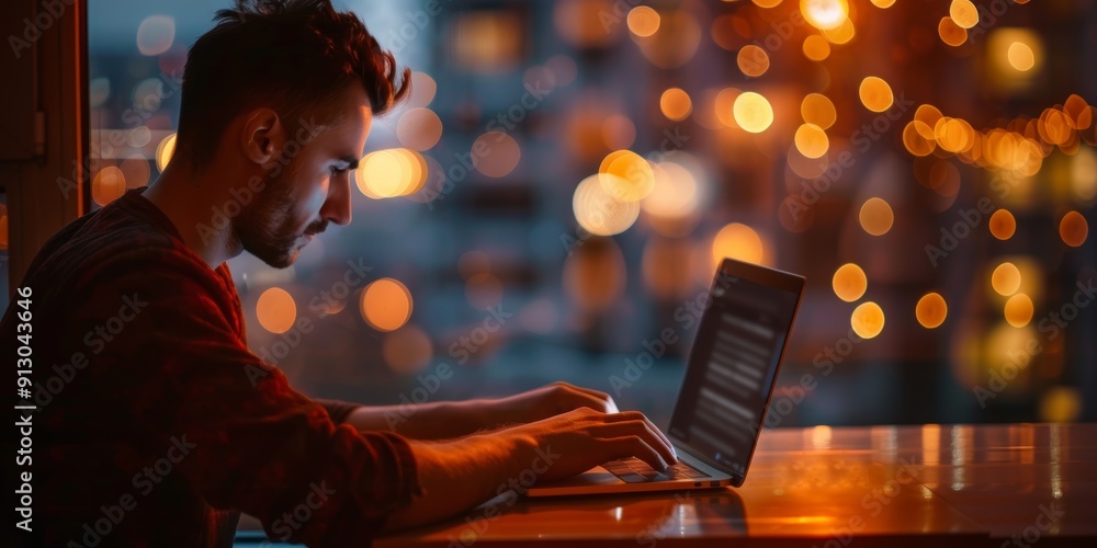 Poster bokeh or entrepreneur trading on laptop or digital app for networking on internet search. a business