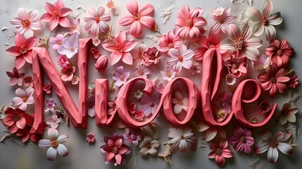 Beautifully crafted floral arrangement with pink and white flowers around the name 'Nicole' in an elegant handwritten font.