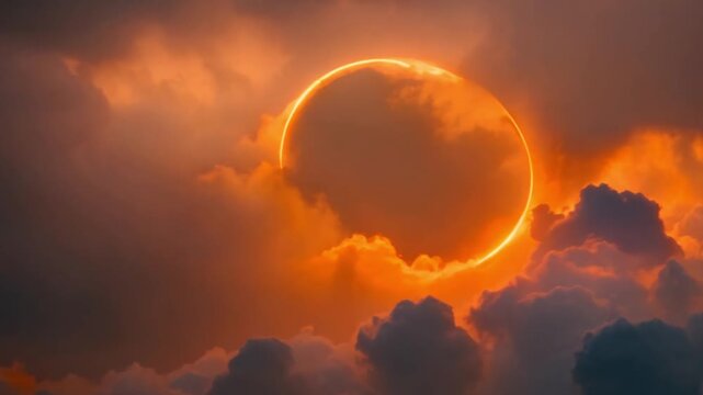 Futuristic neon circles in the sky burning in stunning red.