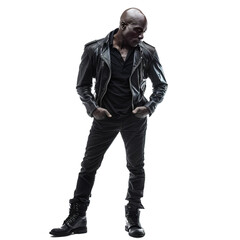 Naklejka premium Serious african american man with hands in his pockets posing in black clothes