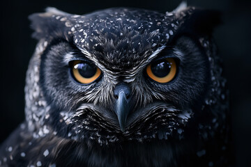 Obraz premium Close-up of a Great Spotted Owl, majestic, detailed plumage, intense gaze, sharp talons, dark silhouette