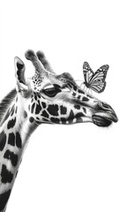 Obraz premium Giraffe portrait with butterfly sitting on its nose, black and white portrait, wildlife photography , profesional photography