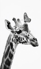 Obraz premium Giraffe portrait with butterfly sitting on its nose, black and white portrait, wildlife photography , profesional photography