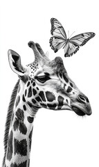 Obraz premium Giraffe portrait with butterfly sitting on its nose, black and white portrait, wildlife photography , profesional photography