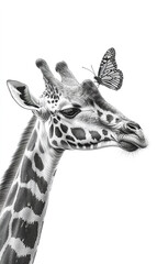 Obraz premium Giraffe portrait with butterfly sitting on its nose, black and white portrait, wildlife photography , profesional photography