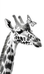 Fototapeta premium Giraffe portrait with butterfly sitting on its nose, black and white portrait, wildlife photography , profesional photography