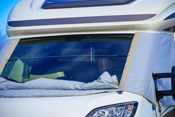 Caravan with thermal screen blind outdoors
