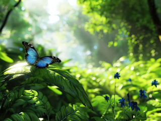 A blue morpho butterfly perched on a green leaf in a lush forest with sunlight streaming through the foliage.