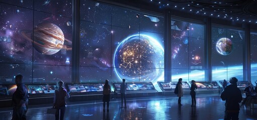 Space Station Observation Deck with View of Earth and Planets