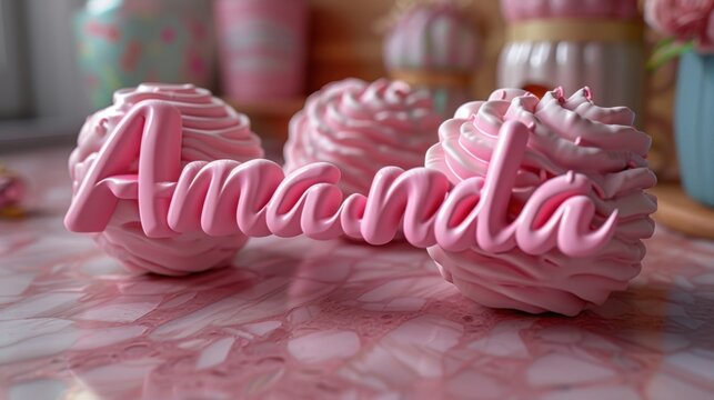 Close-up of pink frosted dessert with 'Amanda' script, set on a marble surface with colorful, pastel decor in the background.