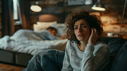 Obraz premium Sad bedroom and woman battling with husband for divorce, marriage trouble, or breakup. Upset, despair, and woman arguing with boyfriend about unhealthy relationship or adultery at home.