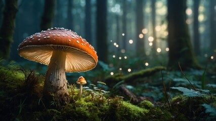 Fototapeta premium Close-up of a mushroom in a mystical forest setting, surrounded by glowing lights and lush greenery. 