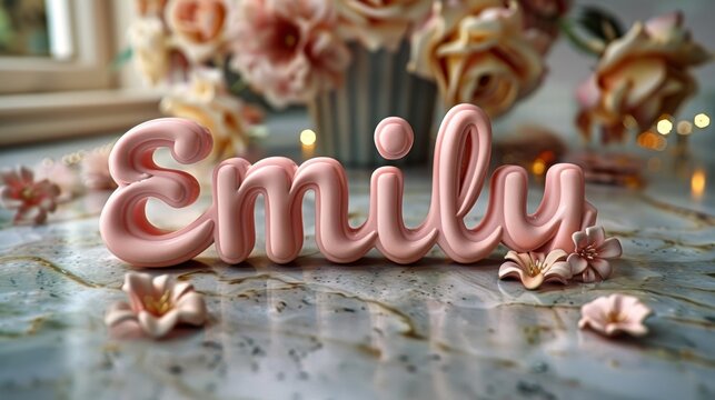Elegant pink 'Emily' name design with floral decor on marble. Perfect for personalized gifts, wedding decor, or greeting cards.