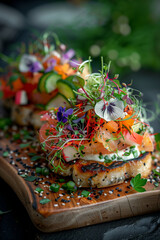 Fototapeta premium luxury toast sandwich with edible flowers, sprouts, raw salmon, caviar decorated in a variety of colors