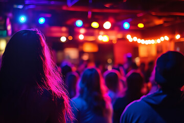 The crowd serves as a mere backdrop, with the defocused stage taking center stage at this vibrant open mic event