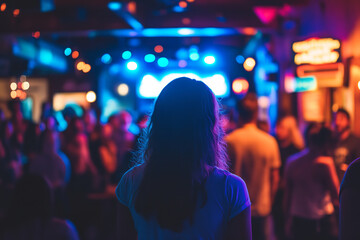 The crowd serves as a mere backdrop, with the defocused stage taking center stage at this vibrant open mic event