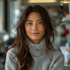 Positive beautiful young Asian woman close up casual portrait. Happy Korean girl, beauty care model with perfect skin and natural makeup looking away with pensive smile

