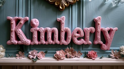Vintage-style pink name sign 'Kimberly' with textured floral design, embellished flowers, and delicate wall detailing in a feminine setting.