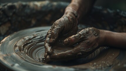 Fototapeta premium After making a sculpture or small business endeavor, hands, clay, and pottery wheel in a workshop. Artist sculptor making handmade molds in a studio