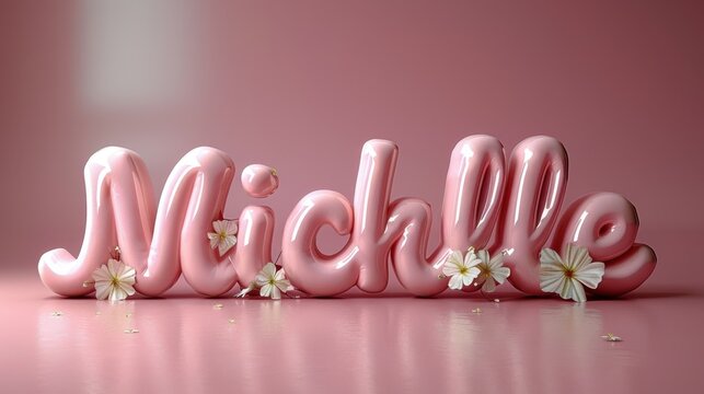 Glossy 3D pink text 'Michelle' with delicate white flowers on pink background, evoking a soft and feminine aesthetic