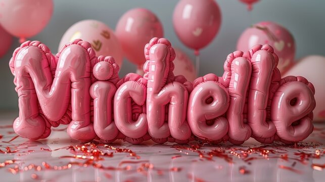 Festive birthday with pink balloons spelling 'Michelle' surrounded by glitter and confetti, creating a joyful and celebratory atmosphere.