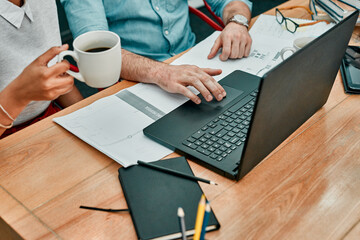 Business, hands and people with laptop for architecture development with blueprint, coffee and planning building project. Architect, collaboration and research with brainstorming floor design at desk