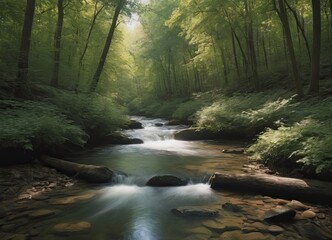 Obraz premium A tranquil stream gently flowing through a lush green forest, creating a peaceful atmosphere