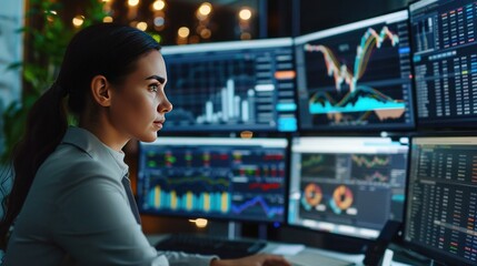 Focused woman market analyst studying complex charts on multi-screen computer setup in office