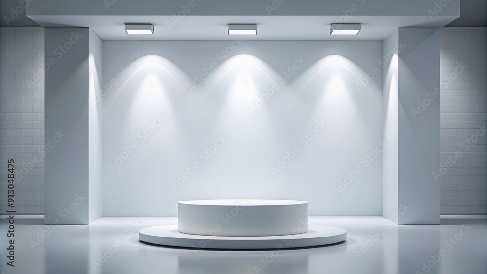 Poster pedestal of platform display with modern stand podium on white room background. blank exhibition sta