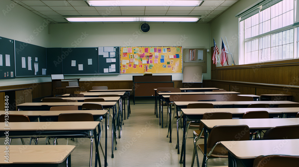 Poster a quiet classroom features empty desks arranged in rows, with a colorful bulletin board at the front
